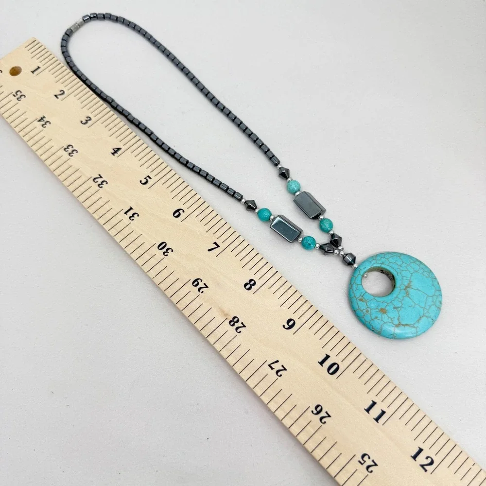 Lot of 2 Hematite Beaded Necklaces Faux Turquoise Donut Heart Magnetic‎ Clasp